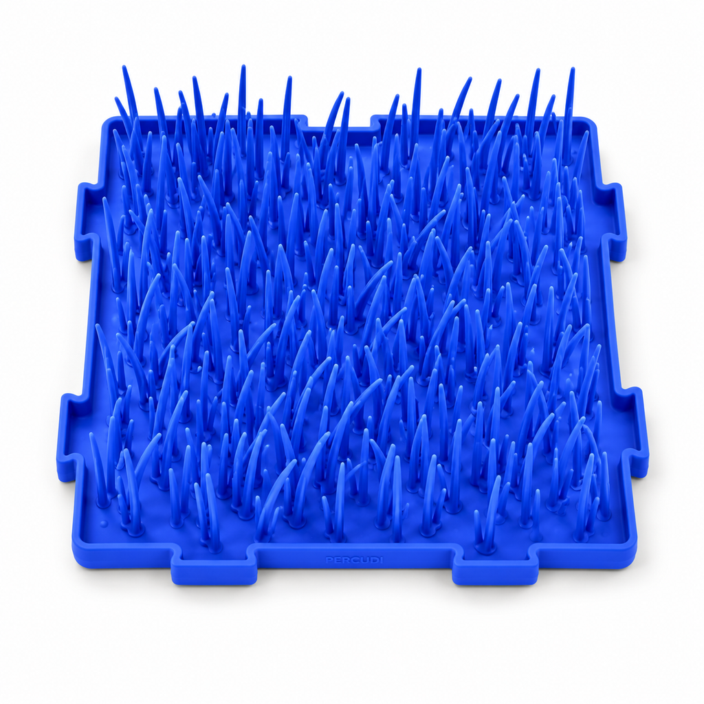Blue Percudi modular silicone grass snuffle mat tile with interlocking edges