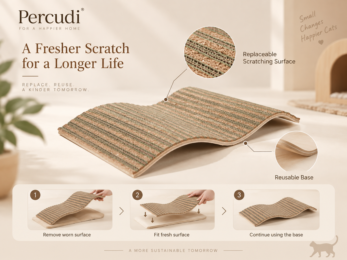Percudi small-wave replaceable cork cat scratcher infographic showing removable scratching surface, reusable base and replacement steps