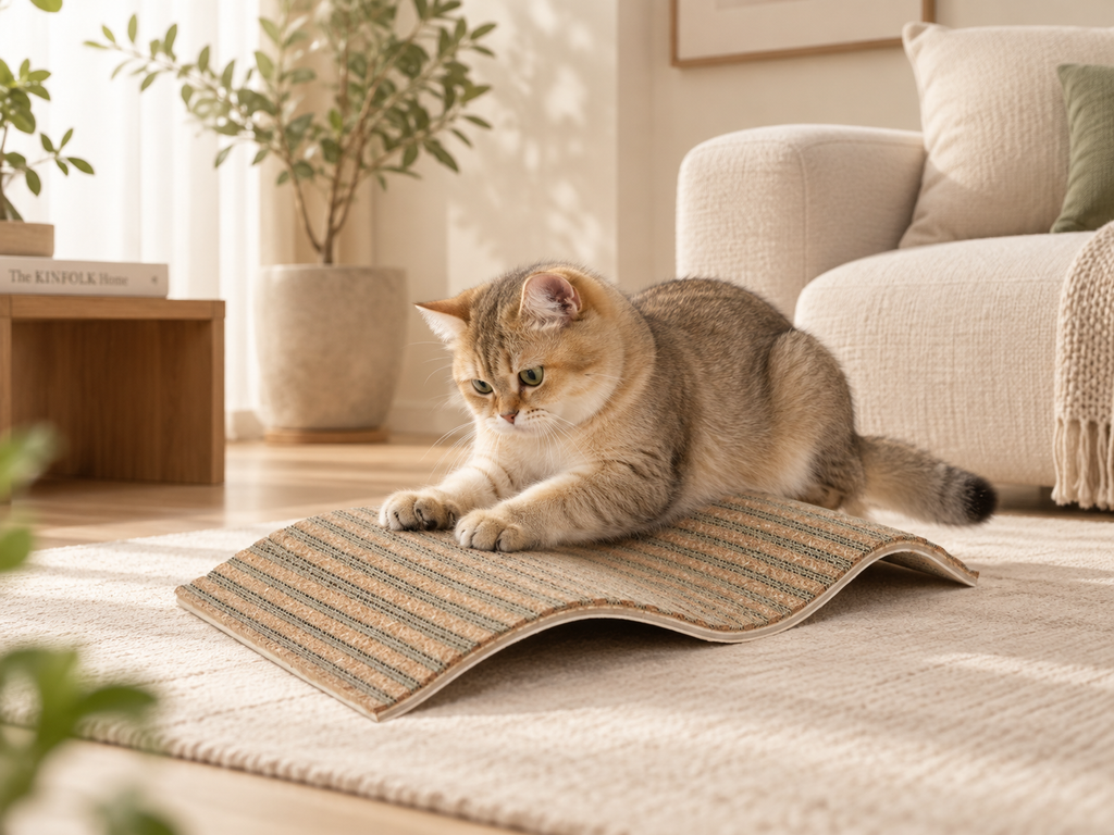 Cat using a small-wave replaceable cork cat scratcher in a warm neutral home interior
