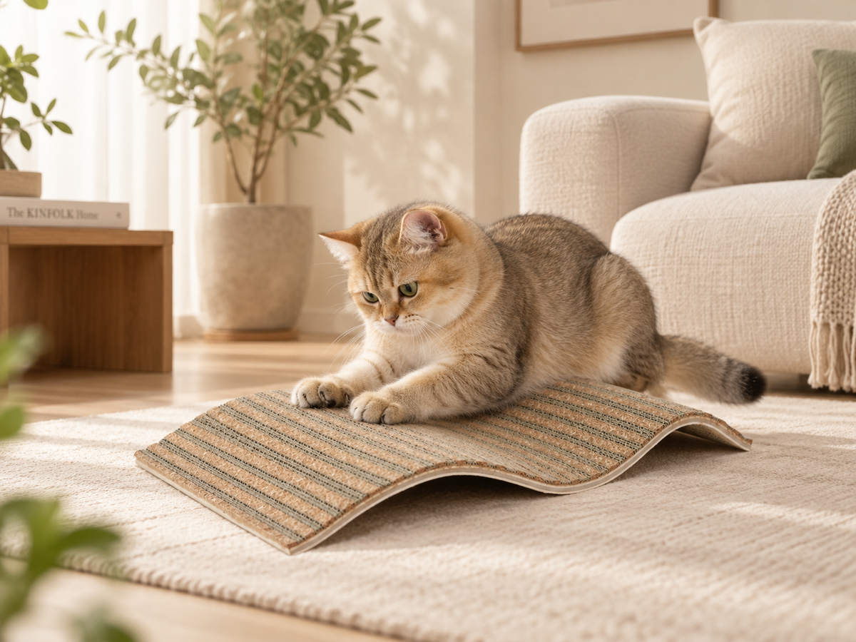 Cat using a small-wave replaceable cork cat scratcher in a warm neutral home interior