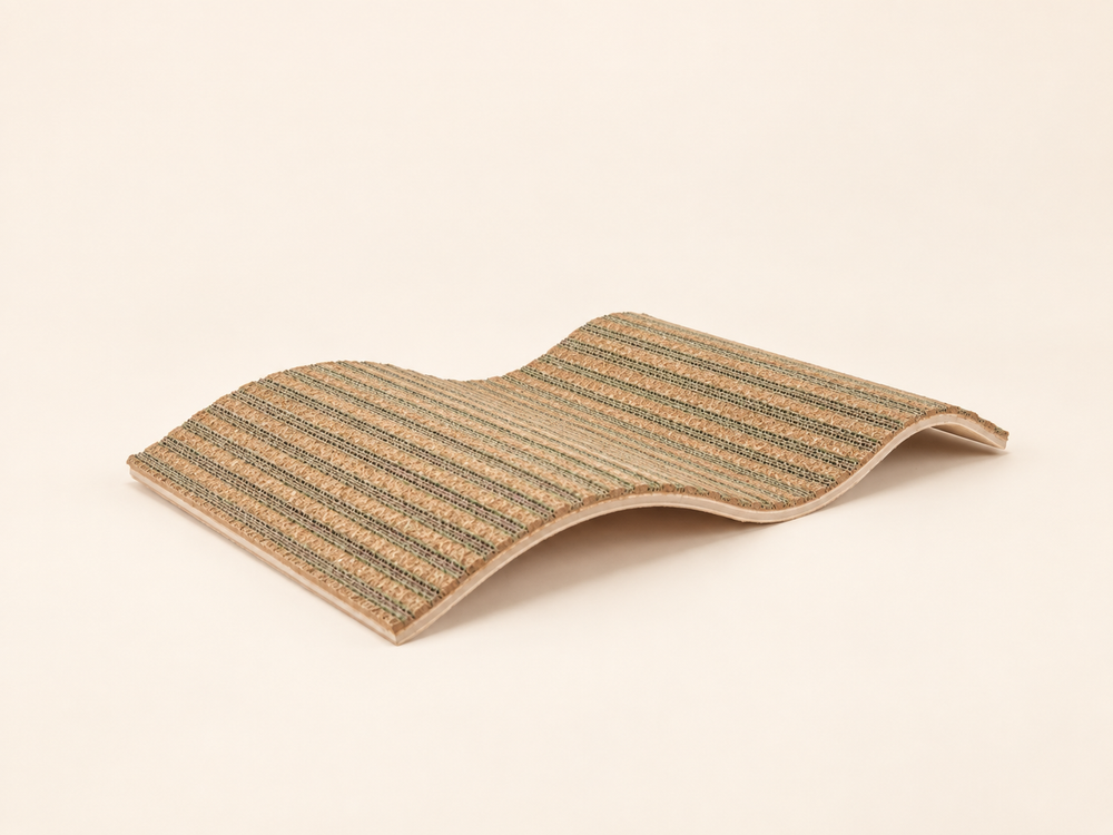Small-wave replaceable cork cat scratcher in green with reusable curved base on a warm neutral background