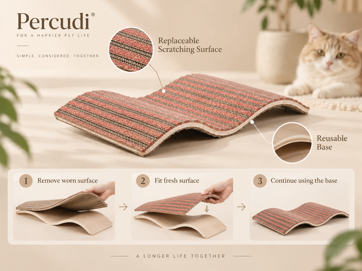 Percudi red small-wave replaceable cork cat scratcher infographic showing replaceable scratching surface and reusable curved base