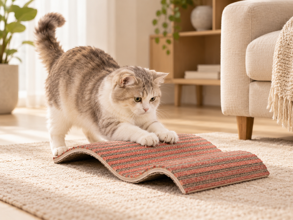 Cat scratching on the red small-wave replaceable cork cat scratcher in a warm neutral living room