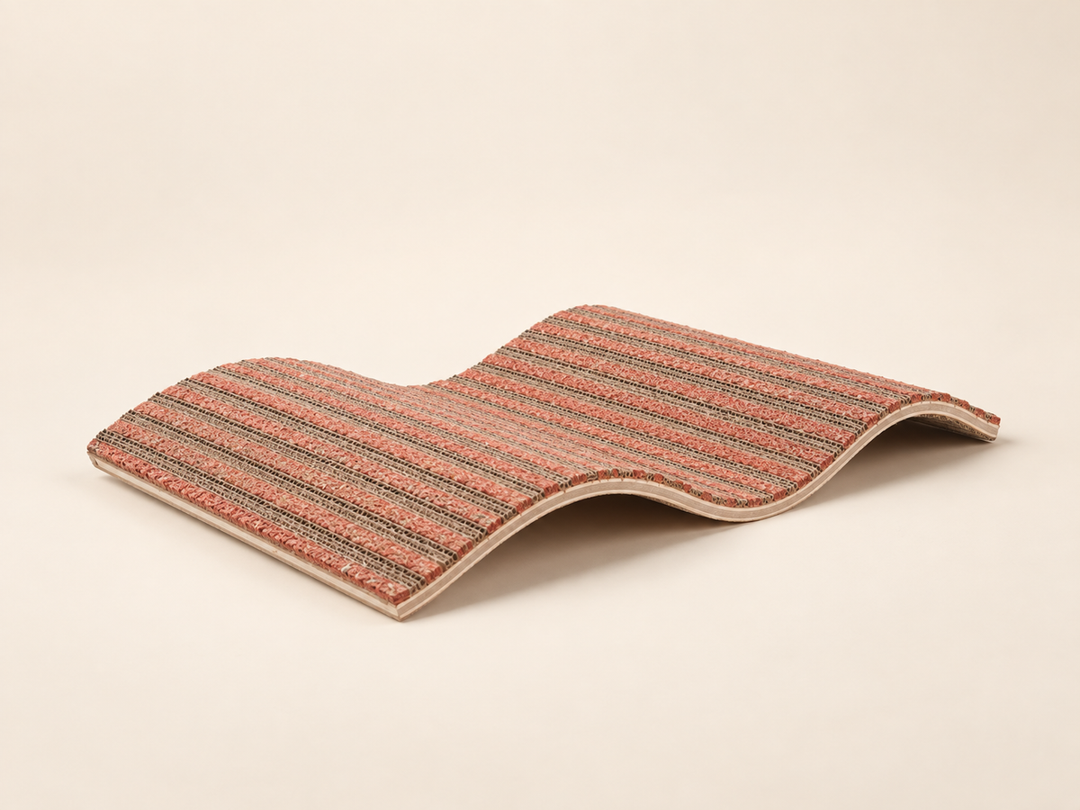 Small-wave replaceable cork cat scratcher in red with reusable curved base on a warm neutral background