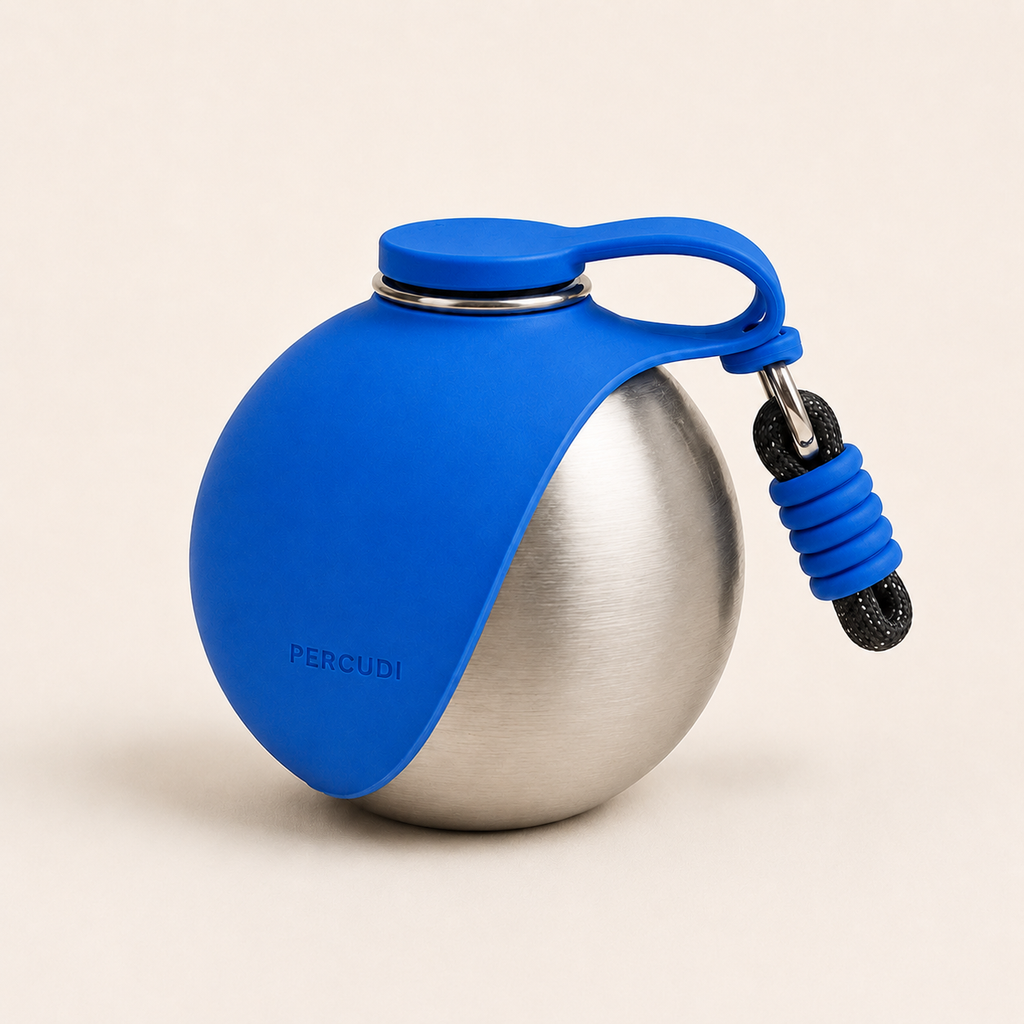 Blue PERCUDI 285 ml stainless steel dog water bottle with silicone cover
