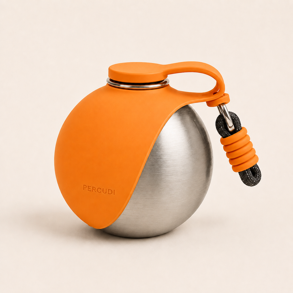 Orange PERCUDI 285 ml stainless steel dog water bottle with silicone cover