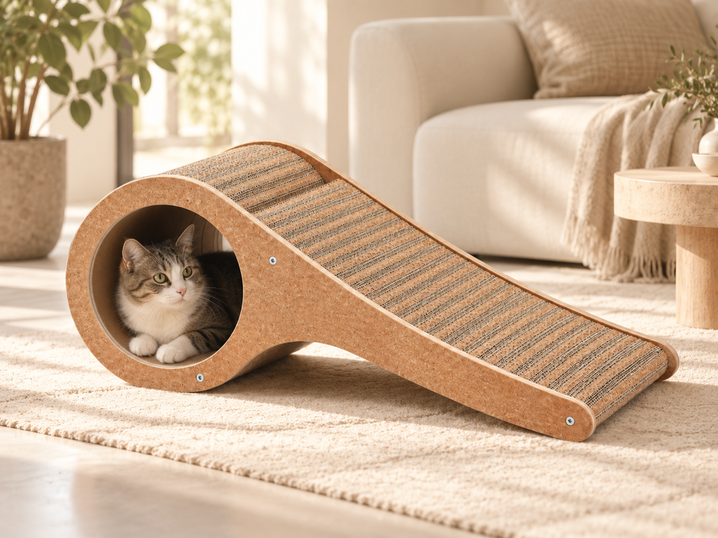 Cat with tunnel scratcher