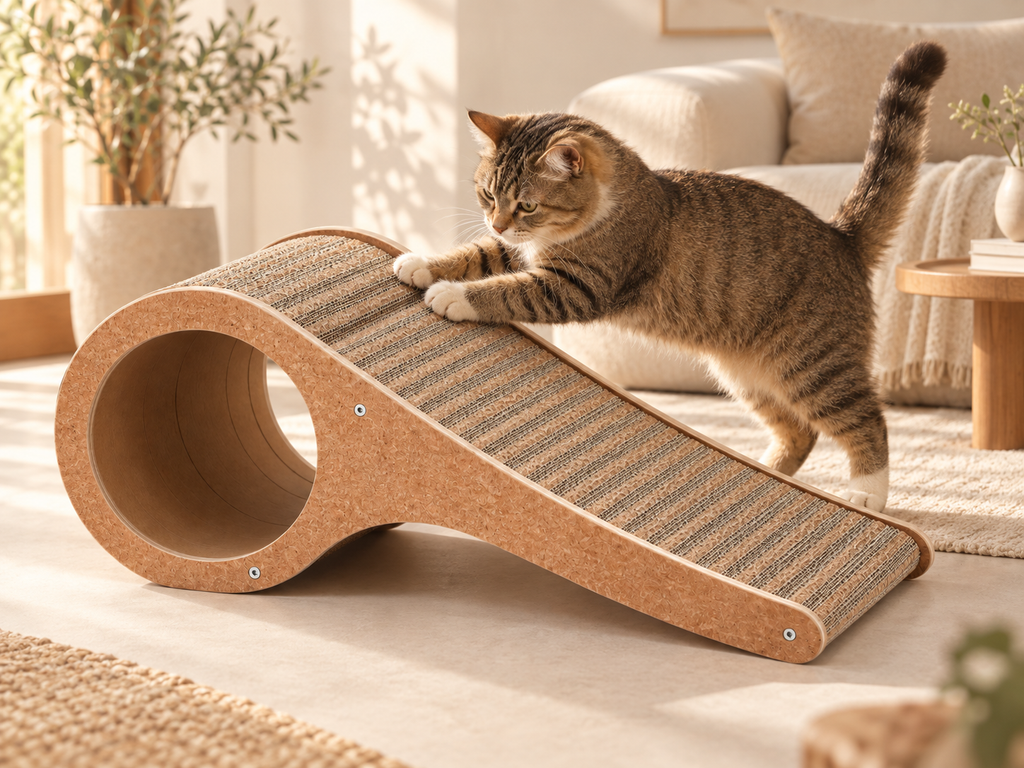Cat using incline scratcher
