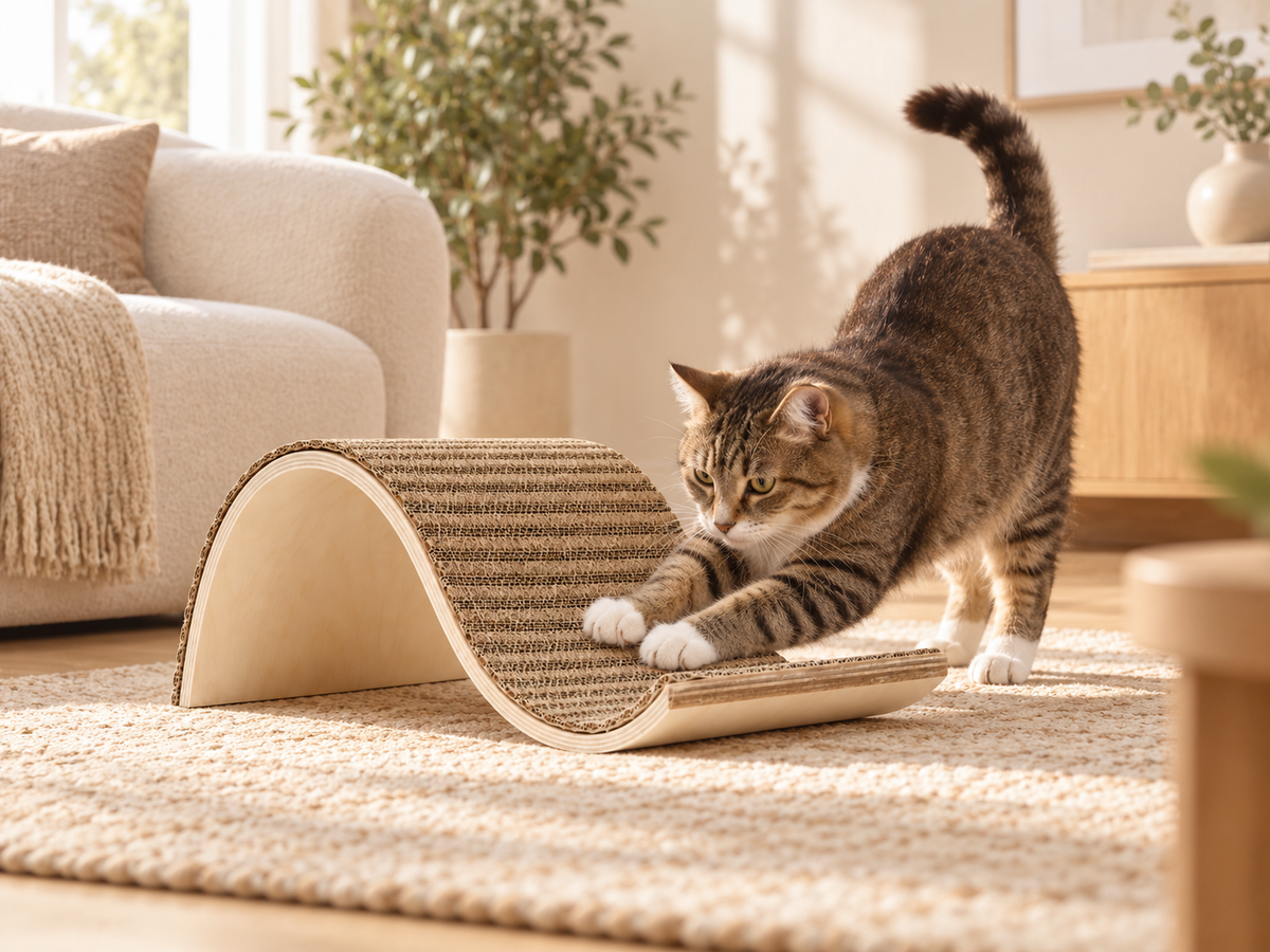 Cat scratching on a whale-shaped replaceable corrugated cat scratcher in a warm modern living room