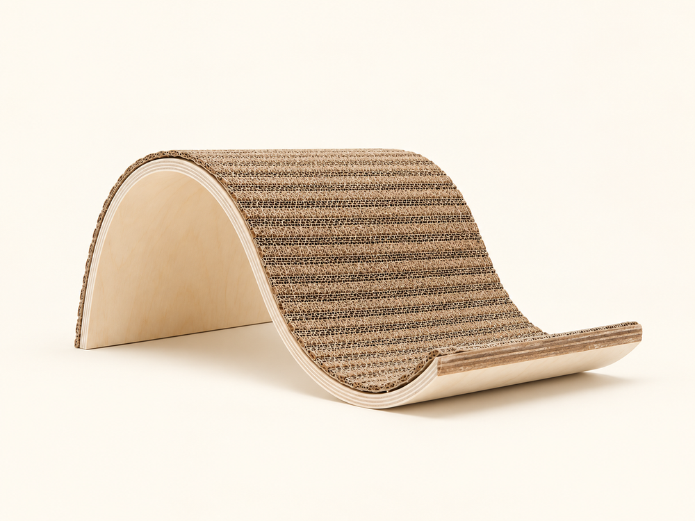 Whale-shaped replaceable corrugated cat scratcher and lounger with reusable natural wood base on warm cream background
