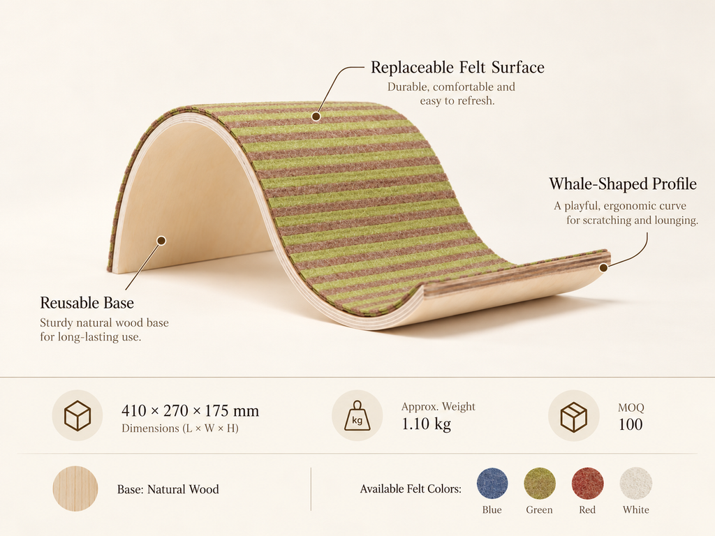Whale-shaped replaceable felt cat scratcher detail showing reusable base, replaceable felt surface, size, weight, MOQ and felt color options