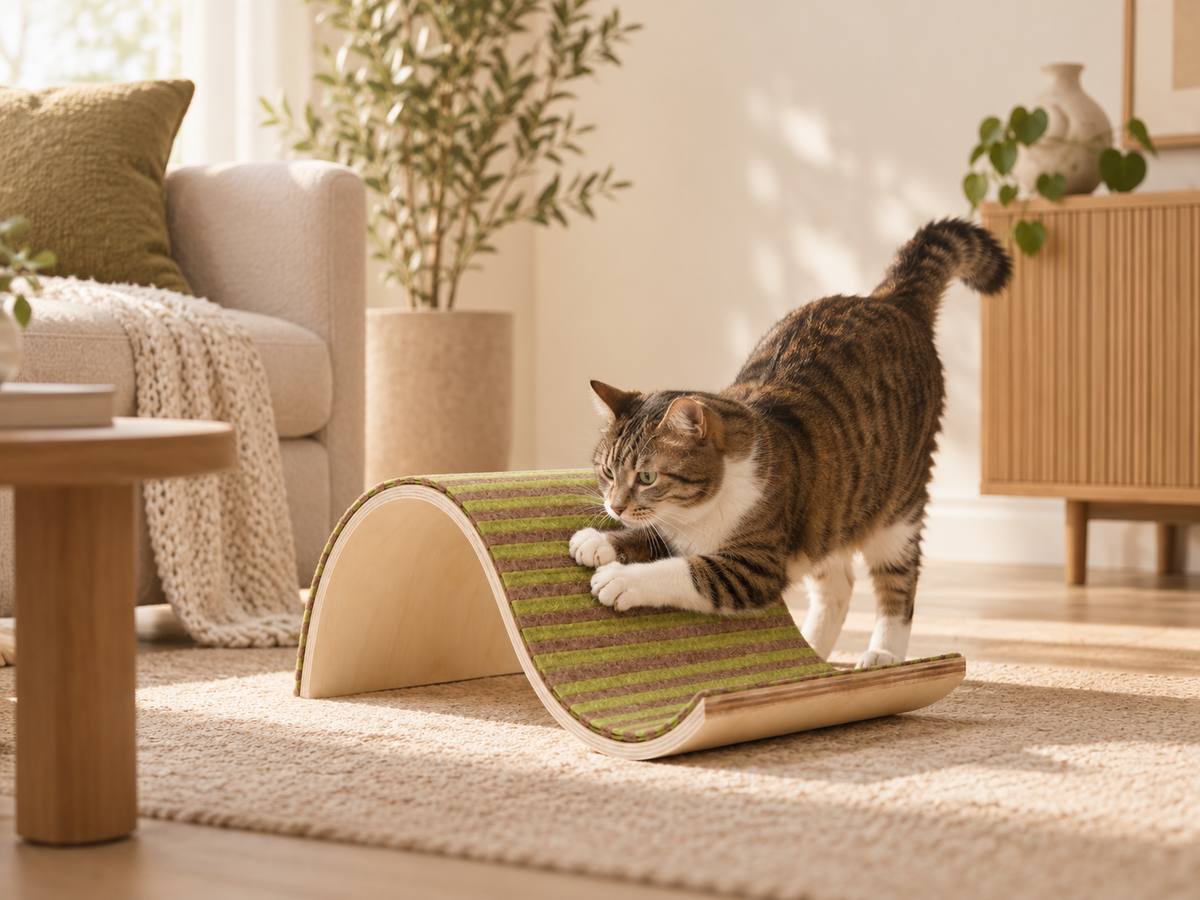 Cat scratching on a whale-shaped replaceable felt cat scratcher in a warm modern living room