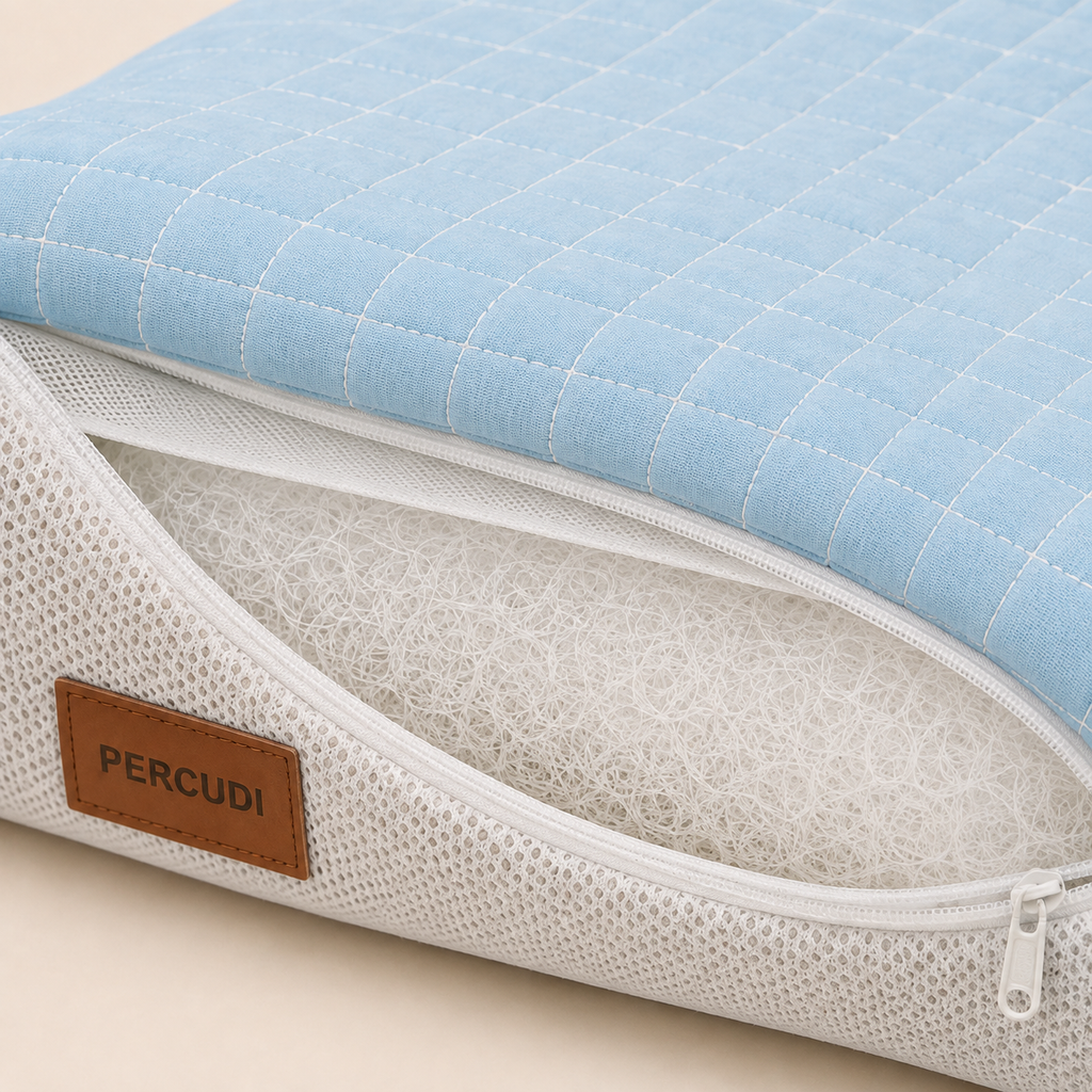 Close-up of cooling fabric, breathable mesh and air-fiber pet mat filling