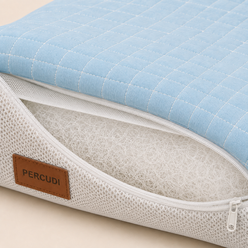 Close-up of cooling fabric, breathable mesh and air-fiber pet mat filling