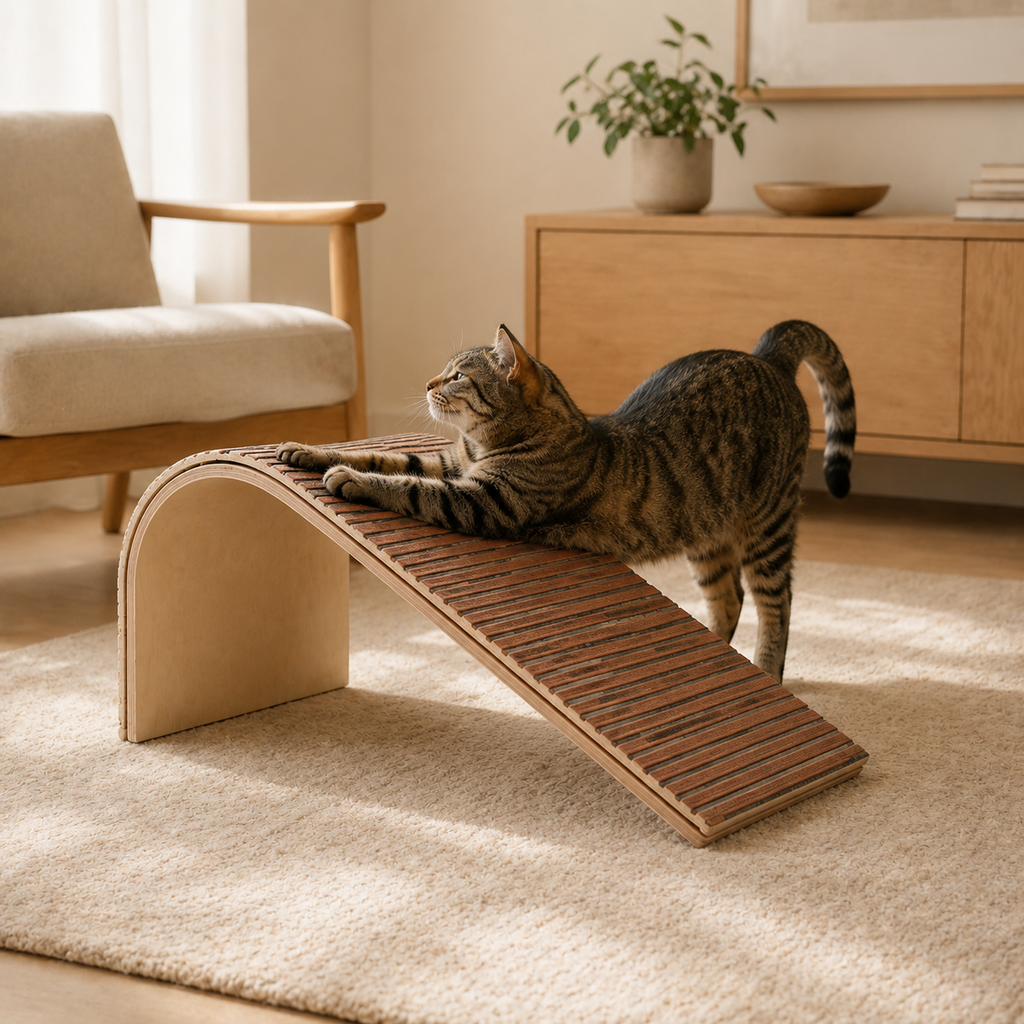 Tabby cat stretching on a cork wave scratcher in a modern living room