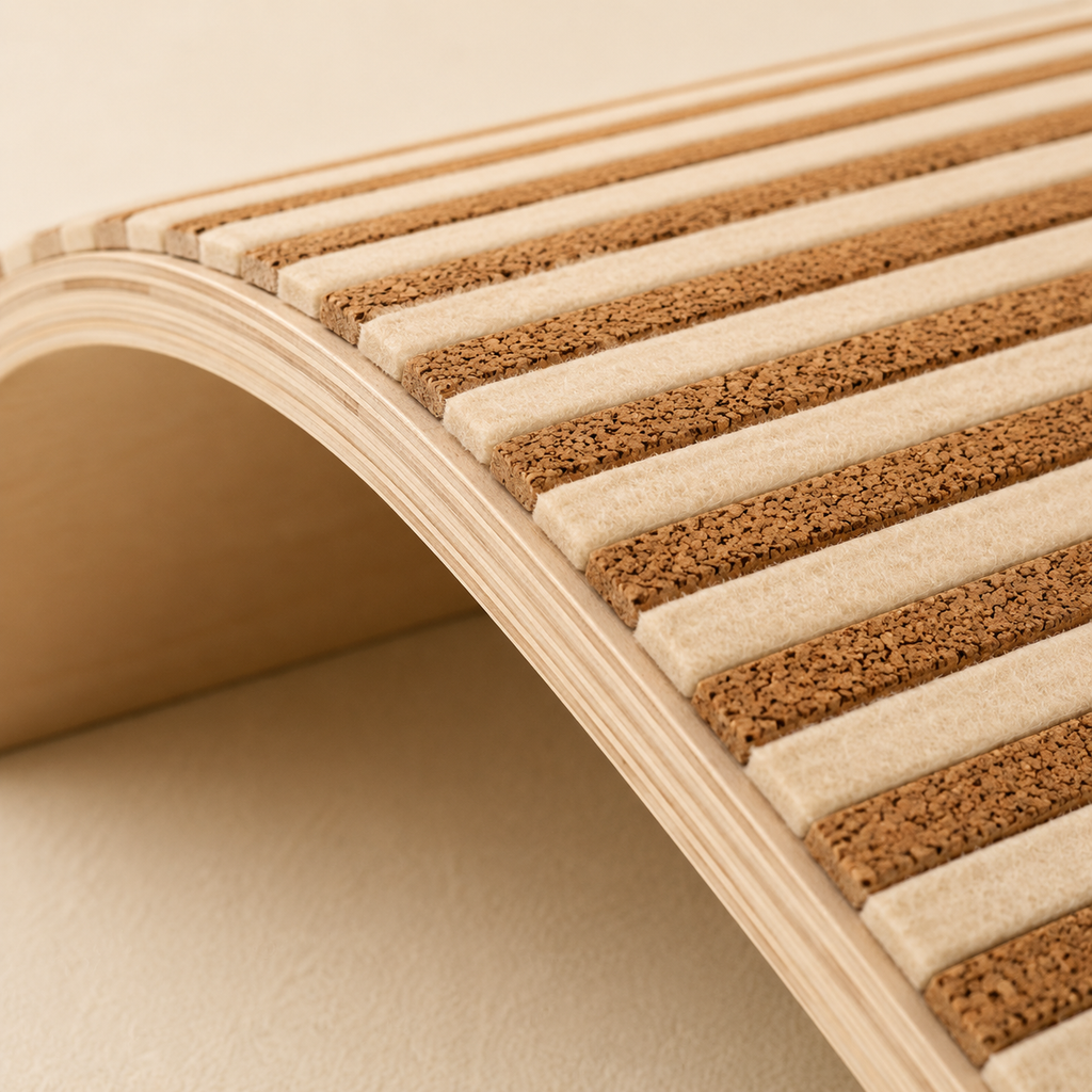 Close-up of cork, felt and layered plywood materials on the wave cat scratcher