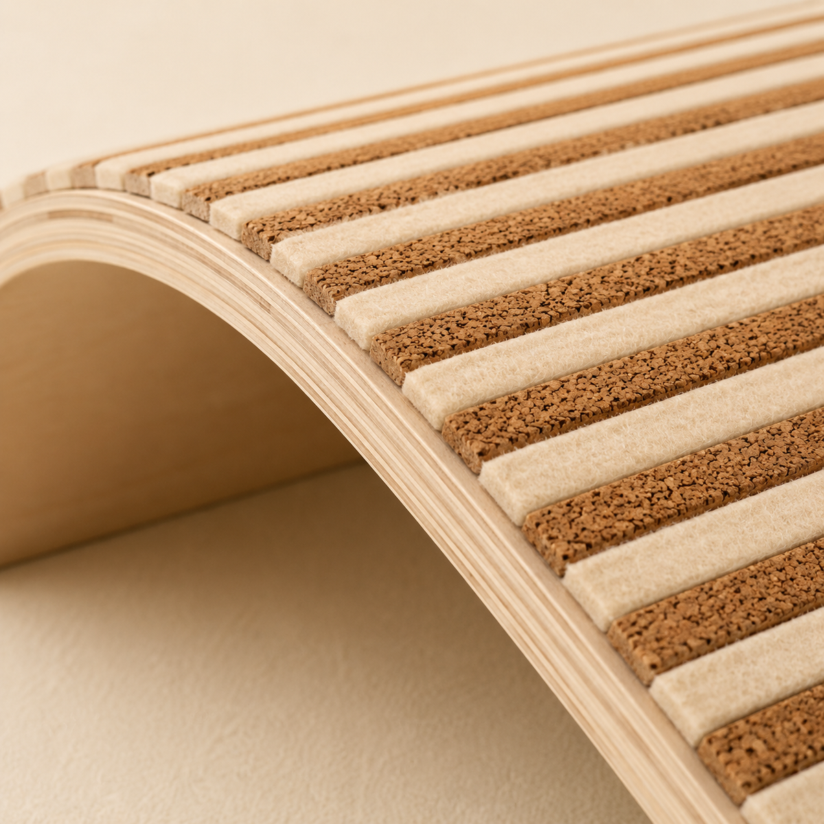 Close-up of cork, felt and layered plywood materials on the wave cat scratcher