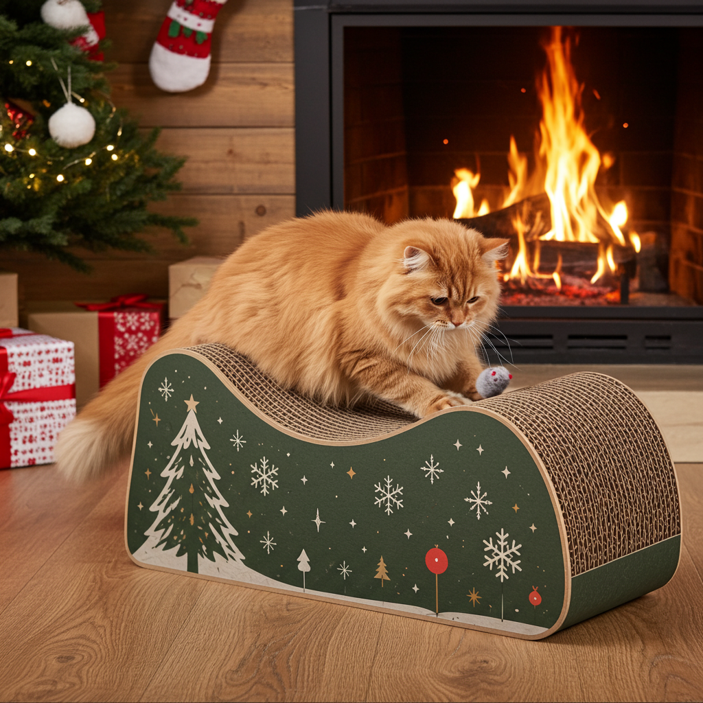 The Holiday Christmas Corrugated Cat Scratcher brings festive design into everyday cat furniture.