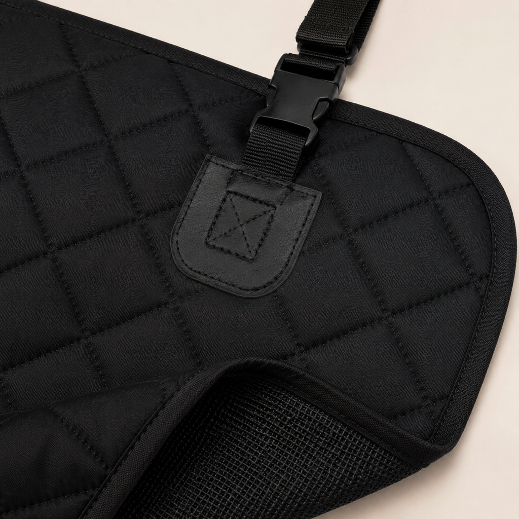 Close-up of rear-seat protector quilting, bound edge, strap anchor and buckle