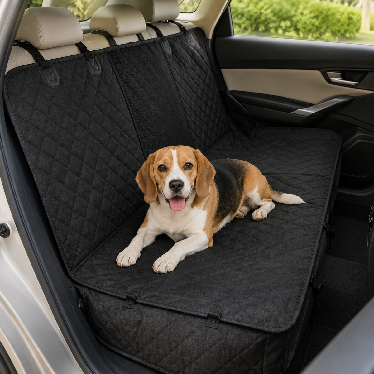 Young Beagle resting on black rear-seat pet protector installed in a car