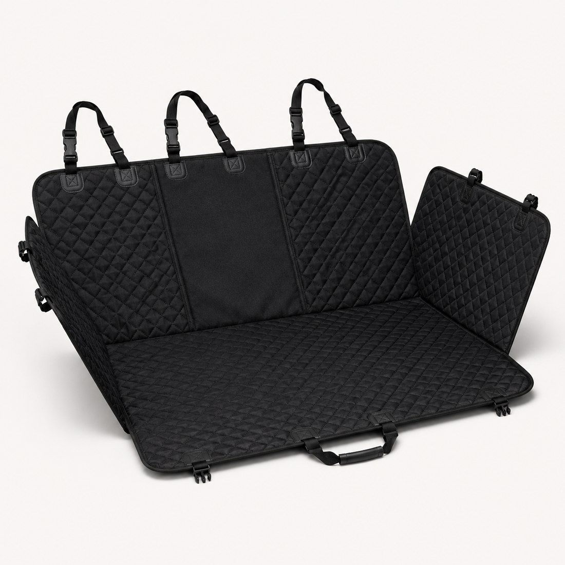 Black quilted foldable rear-seat pet protector with straps and side coverage