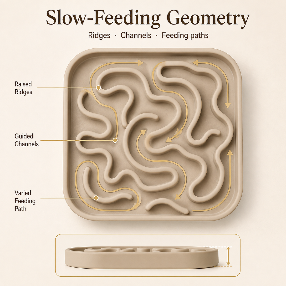Slow-feeder ridge, channel and feeding-path geometry