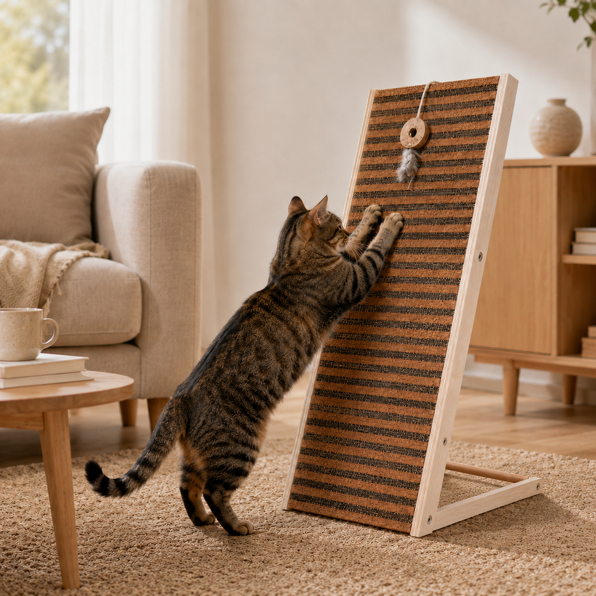 Tabby cat using an inclined cork scratcher in a modern living room