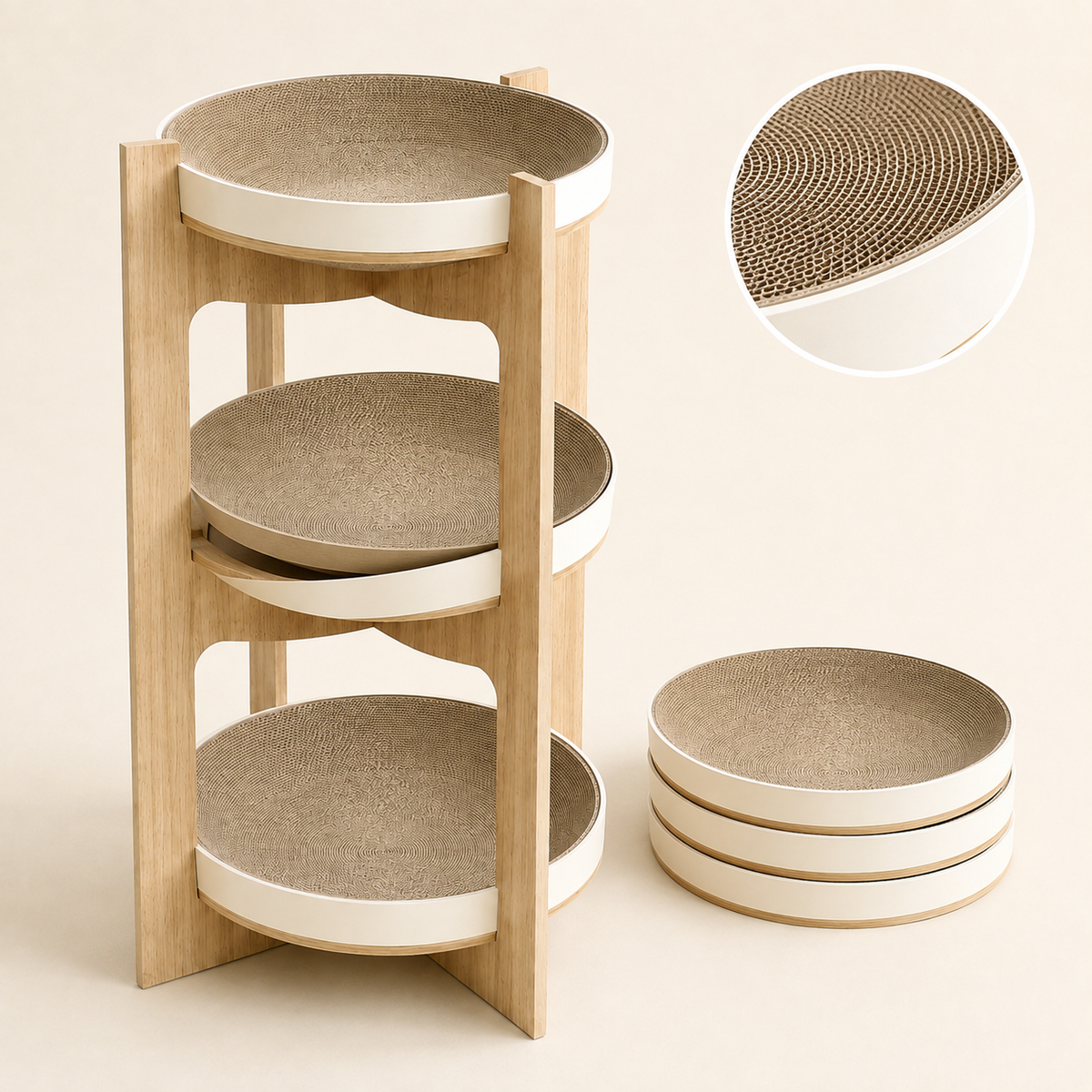 Replaceable round corrugated inserts for three-level wooden cat furniture