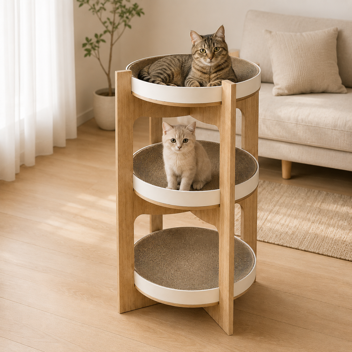 Two cats resting on three-level wooden cat furniture in a modern living room