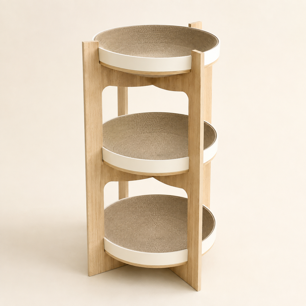 Three-level wooden cat rest with warm white trays and corrugated inserts