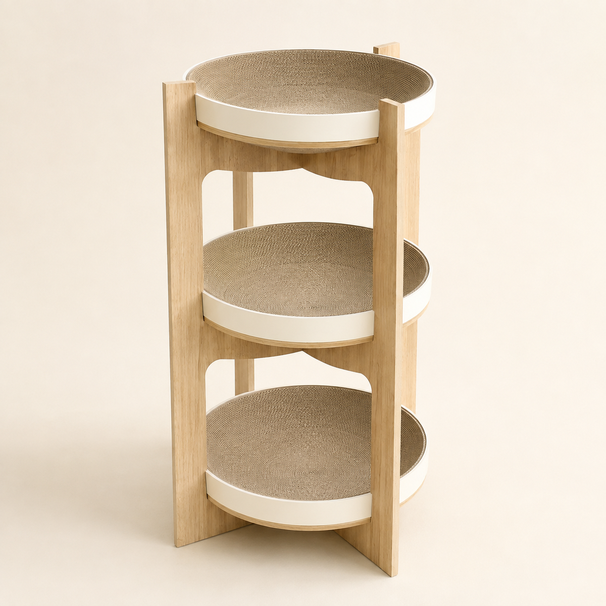 Three-level wooden cat rest with warm white trays and corrugated inserts