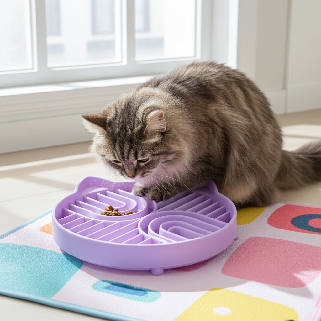Cat using a bone-shaped silicone slow feeder bowl at home