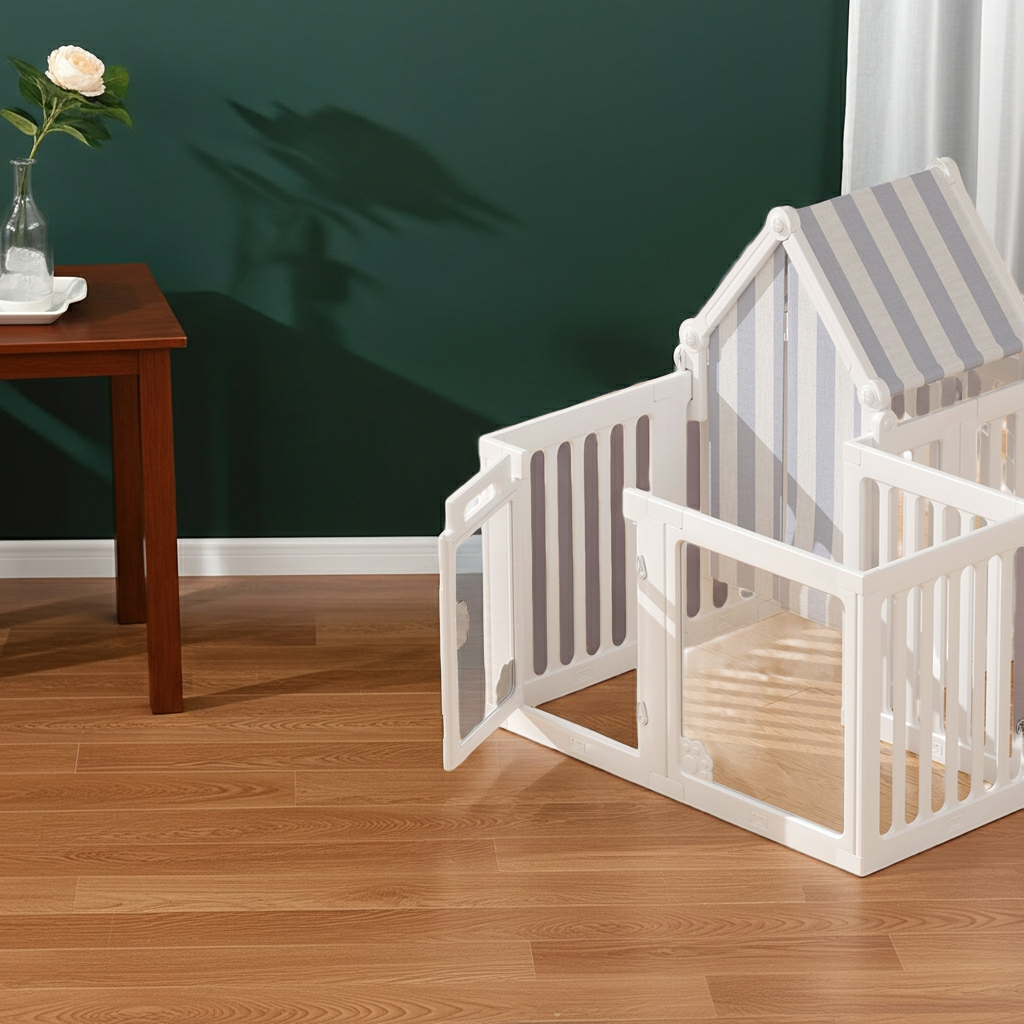 White and clear acrylic pet playpen with house-style canopy and open gate