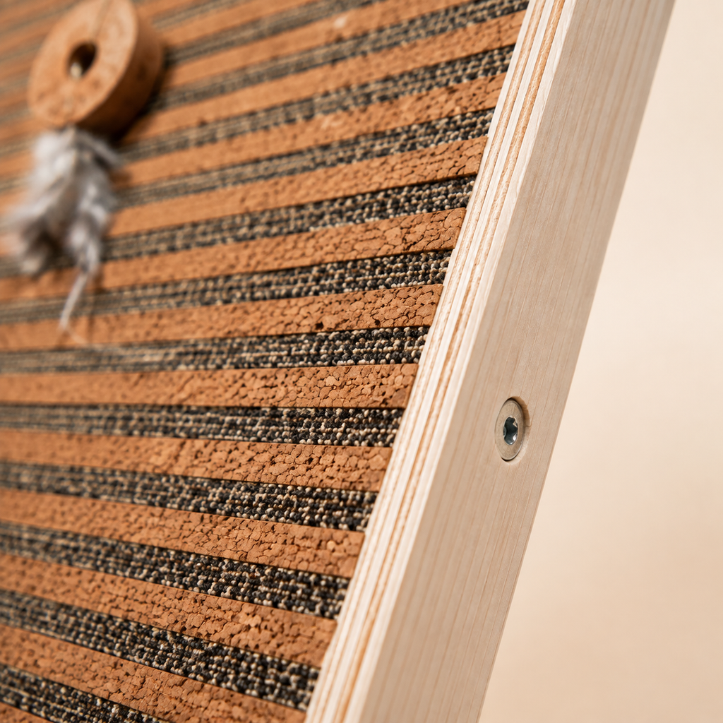 Close-up of the cork scratching surface and layered plywood frame